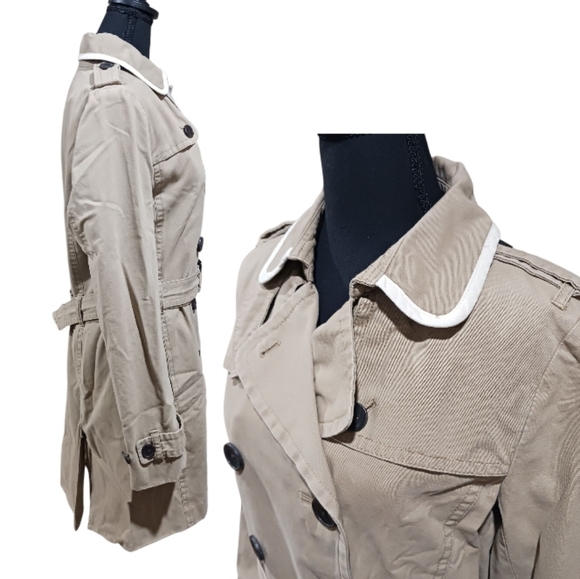 Gap Trench Coat Khaki Cream Trim Collar - Picture 3 of 11